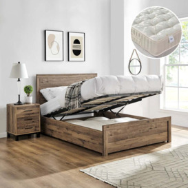 Rodley/Ortho Royale - Small Double - Ottoman Storage Bed and Open Coil Spring Orthopaedic Mattress Included - Oak/White - Wooden/Fabric - 4ft - Happy Beds