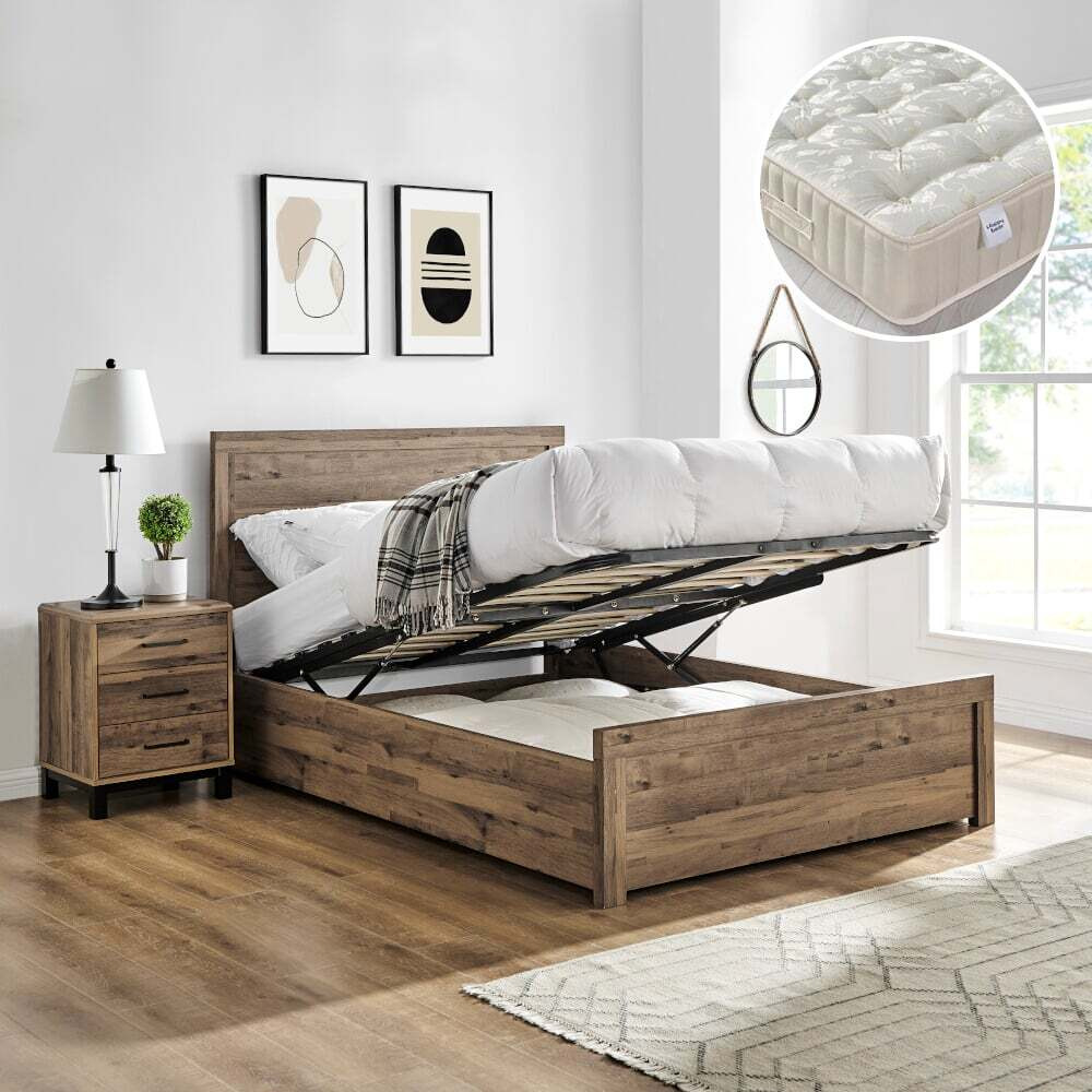 Rodley/Ortho Royale - Double - Ottoman Storage Bed and Open Coil Spring Orthopaedic Mattress Included - Oak/White - Wooden/Fabric - 4ft6 - Happy Beds