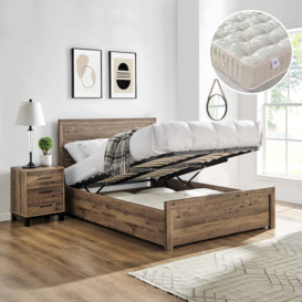 Rodley/Ortho Royale - Double - Ottoman Storage Bed and Open Coil Spring Orthopaedic Mattress Included - Oak/White - Wooden/Fabric - 4ft6 - Happy Beds