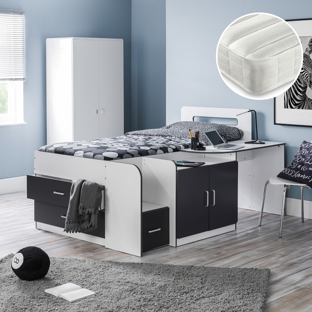 Cookie/Ethan - Single - Cabin Bed with Built-In Desk and Storage and Open Coil Spring Mattress Included - Grey/White - Wooden/Fabric - 3ft - Happy Beds