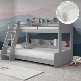 Domino/Noah - Single - Bunk Bed with Storage and 2 Open Coil Spring Memory Foam Mattresses Included - Light/GreyWhite - Wooden/Fabric - 3ft - Happy Beds