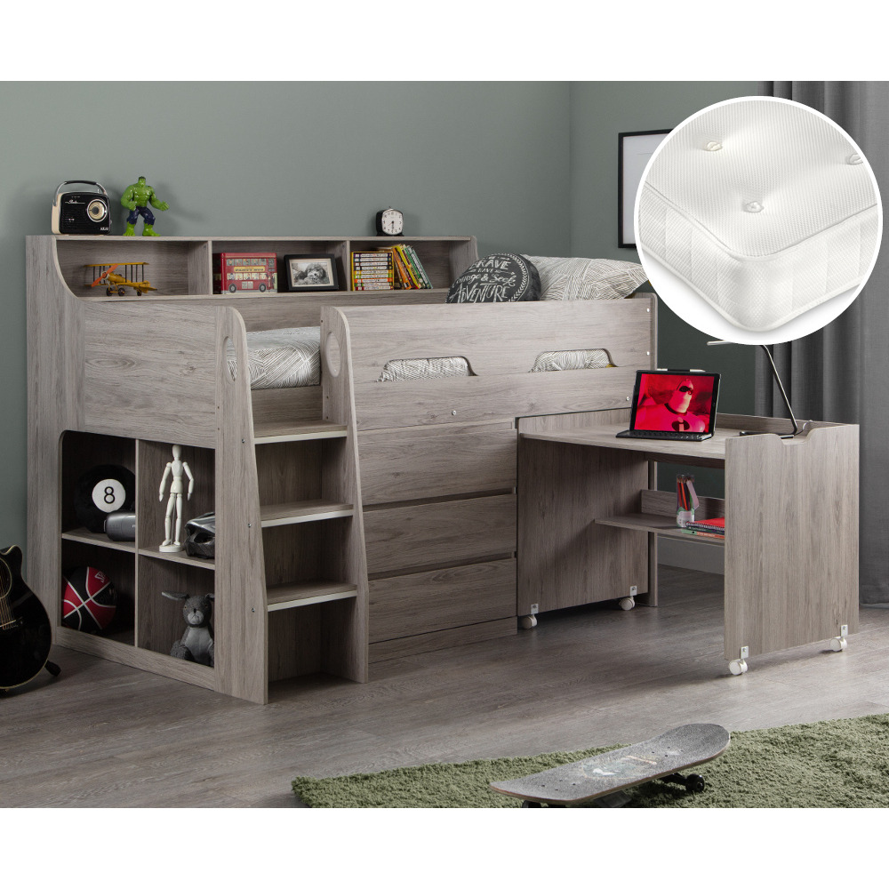 Jupiter/Clay - Single - Mid Sleeper Cabin Bed with Storage and Pull-Out Desk and Open Coil Spring Orthopaedic Mattress Included - Grey Oak/White - Wooden/Fabric - 3ft - Happy Beds