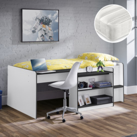 Neptune/Ethan - Single - Cabin Bed with Built-in Desk and Storage and Open Coil Spring Mattress Included - White - Wooden/Fabric - 3ft - Happy Beds