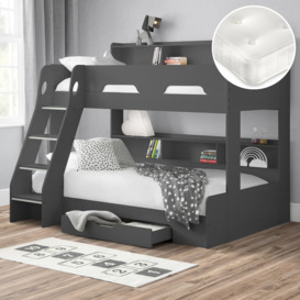 Orion/Clay - Single/Double - Triple Sleeper Bunk Bed with Storage and 2 Open Coil Spring Reflex Foam Orthopaedic Mattresses Included - Anthracite/White - Wooden/Fabric - 3ft/4ft - Happy Beds