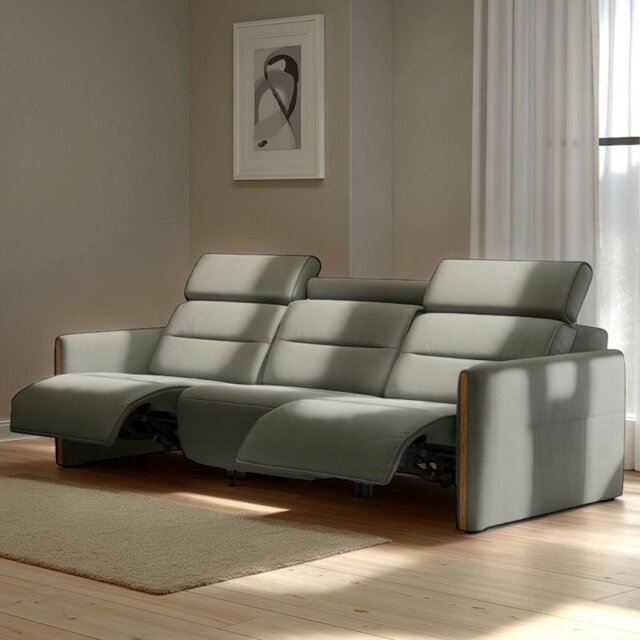 Emily 3 Seater Power Recliner with Wood Arms in Leather - 1 Power, Right - Noblesse