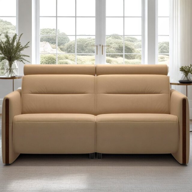 Emily 2 Seater Sofa with Wood Arms in Leather - Batick