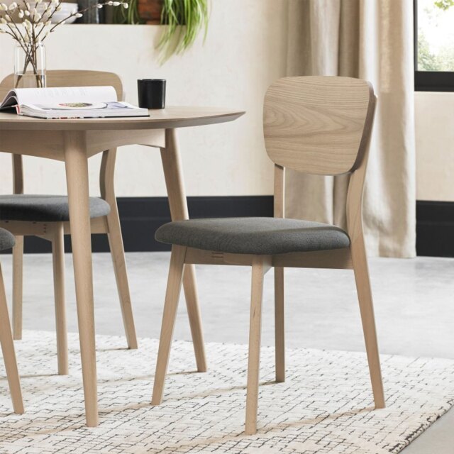 Dansk Scandi Oak Veneer Back Chairs - Cold Steel Fabric Pair