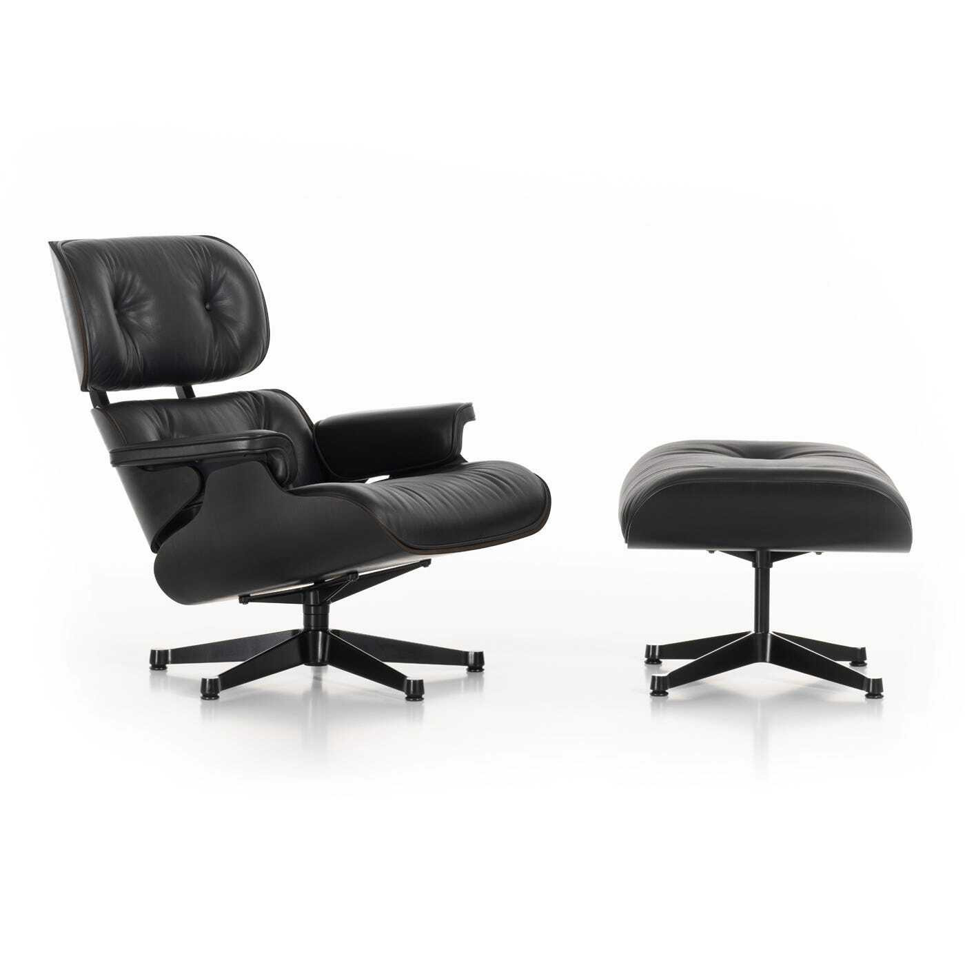 Vitra Eames Lounge Chair & Ottoman New Dims Black Pig. Walnut Polished with Black L.Premium Nero