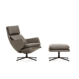 Vitra Grand Relax Chair & Ottoman Leather Umbra Grey Basic Dark Metal Base - Heal's UK Furniture