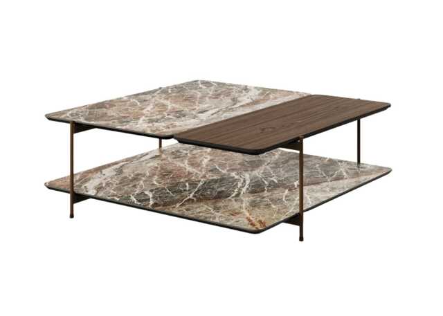 Paul Rogers Dua Stone/Wood Coffee Table Square Double Bronze Mountain Mat Walnut 100cm