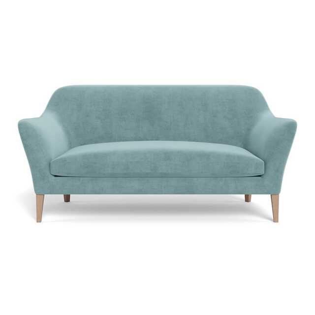 Heal's Wallis 3 Seater Sofa Smart Luxe Velvet Mineral Blue Natural Oak Feet