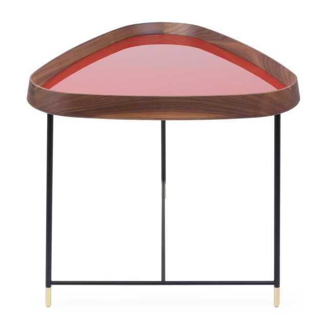 Porada Fritz 3 Triangular Side Table Walnut Granata Red Gloss Lacquer