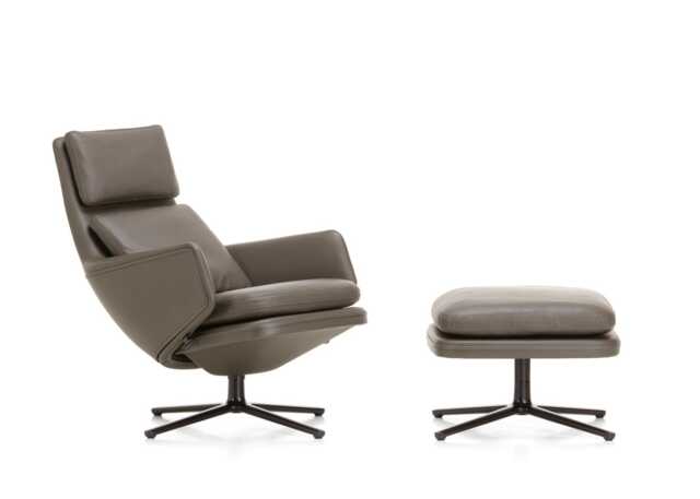 Vitra Grand Relax Chair & Ottoman Leather Umbra Grey Basic Dark Metal Base