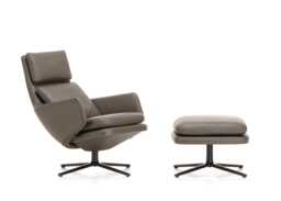 Vitra Grand Relax Chair & Ottoman Leather Umbra Grey Basic Dark Metal Base