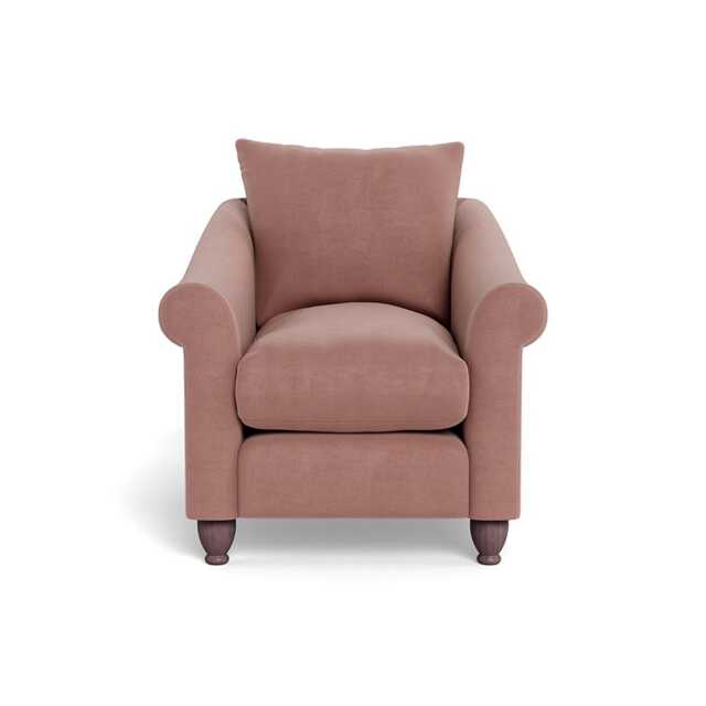Heal's Devon Armchair Smart Luxe Velvet Dusky Pink Walnut Stained Beech Feet