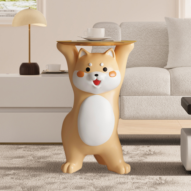 Modern Dog Shiba Inu Side Table Floor Resin Figurine with Gold Tray End Table - image 1