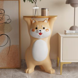 Modern Dog Shiba Inu Side Table Floor Resin Figurine with Gold Tray End Table - thumbnail 3