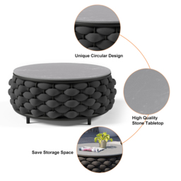 Tatta Modern Top Round Outdoor Coffee Table with Woven Rope Base & Storage in Black - thumbnail 4