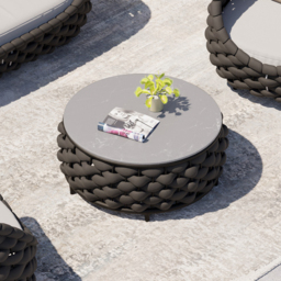 Cocaro Modern Top Round Outdoor Coffee Table with Woven Rope Base & Storage in Black