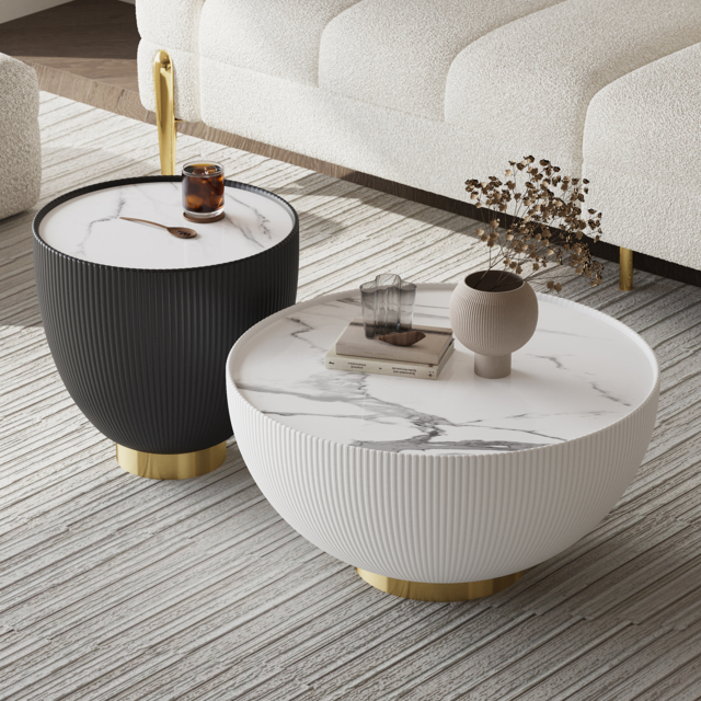 Round 2-Piece Nesting Set Sintered Stone Top Beige and Gray Drum Coffee Table with PU Leather Around - image 1