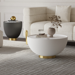 Round 2-Piece Nesting Set Sintered Stone Top Beige and Gray Drum Coffee Table with PU Leather Around - thumbnail 5