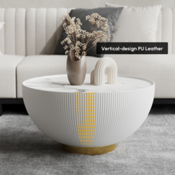 Round 2-Piece Nesting Set Sintered Stone Top Beige and Gray Drum Coffee Table with PU Leather Around - thumbnail 9