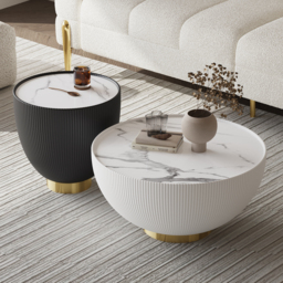 Round 2-Piece Nesting Set Sintered Stone Top Beige and Gray Drum Coffee Table with PU Leather Around - thumbnail 1