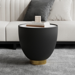 Round 2-Piece Nesting Set Sintered Stone Top Beige and Gray Drum Coffee Table with PU Leather Around - thumbnail 7