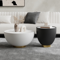 Round 2-Piece Nesting Set Sintered Stone Top Beige and Gray Drum Coffee Table with PU Leather Around - thumbnail 2