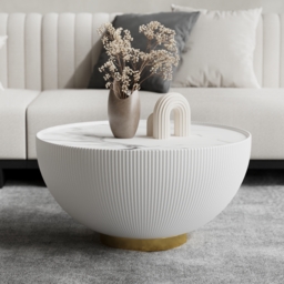 Round 2-Piece Nesting Set Sintered Stone Top Beige and Gray Drum Coffee Table with PU Leather Around - thumbnail 6