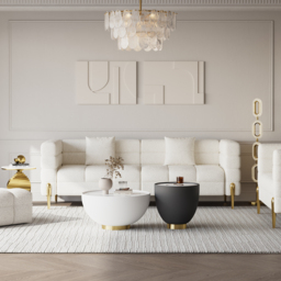 Round 2-Piece Nesting Set Sintered Stone Top Beige and Gray Drum Coffee Table with PU Leather Around - thumbnail 4