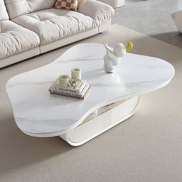 Cloud Coffee Table Wood Irregular Sintered Stone Top in White with Drawer Storage - thumbnail 2
