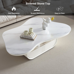 Cloud Coffee Table Wood Irregular Sintered Stone Top in White with Drawer Storage - thumbnail 7
