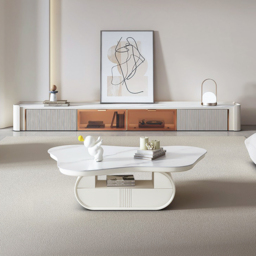 Cloud Coffee Table Wood Irregular Sintered Stone Top in White with Drawer Storage - thumbnail 3