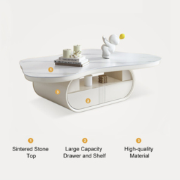 Cloud Coffee Table Wood Irregular Sintered Stone Top in White with Drawer Storage - thumbnail 8