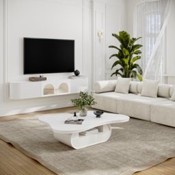 Cloud Coffee Table Wood Irregular Sintered Stone Top in White with Drawer Storage - thumbnail 4
