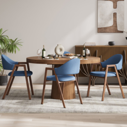 Blue Linen Upholstered Dining Chair Curved Back Chair 6-Pieces - thumbnail 3