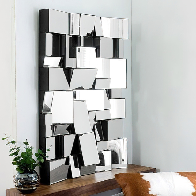 1000mm Modern Silver Rectangle Glam Irregular Earthquake Wall Mirror Decor Art with Geometric Frame in the Living Room - image 1