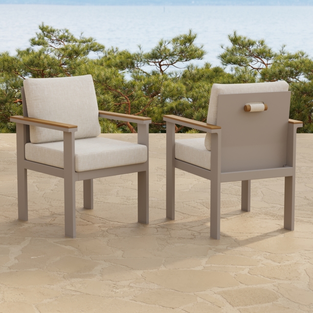 Tevara 2 PC Teak & Aluminium Outdoor Dining Chair Modern Yard & Patio Furniture in Warm White Cushion & Pillow Included - image 1