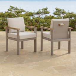 Tevara 2 PC Teak & Aluminium Outdoor Dining Chair Modern Yard & Patio Furniture in Warm White Cushion & Pillow Included