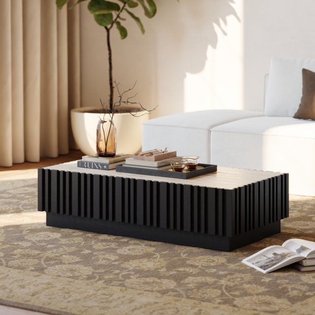 Aura 120 cm Ash Wood Slatted Coffee Table with Sintered Stone Top - image 1