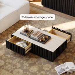 Aura 120 cm Ash Wood Slatted Coffee Table with Sintered Stone Top - thumbnail 6