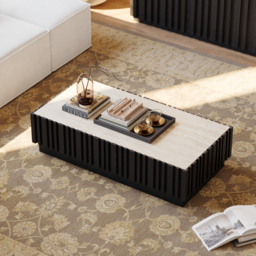 Aura 120 cm Ash Wood Slatted Coffee Table with Sintered Stone Top - thumbnail 2