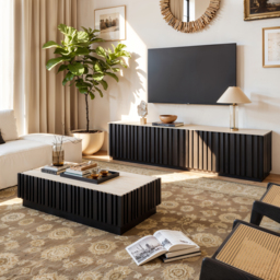Aura 120 cm Ash Wood Slatted Coffee Table with Sintered Stone Top - thumbnail 5