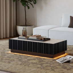 Aura 120 cm Ash Wood Slatted Coffee Table with Sintered Stone Top - thumbnail 3