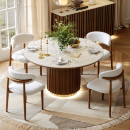 120 cm Travertine-Effect Round Dining Table with Sintered Stone Top