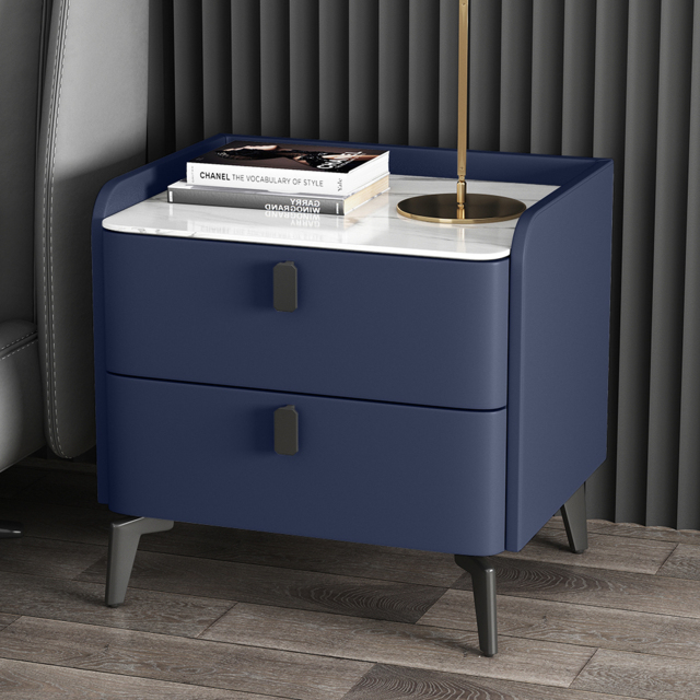 Modern Bedside Table with 2 Drawers Bedroom Bedside Table in Deep Blue, Faux Marble Top - image 1