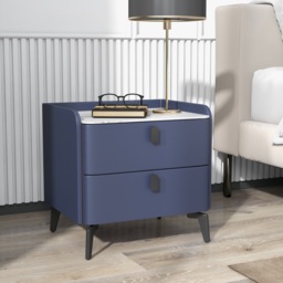 Modern Bedside Table with 2 Drawers Bedroom Bedside Table in Deep Blue, Faux Marble Top - thumbnail 2