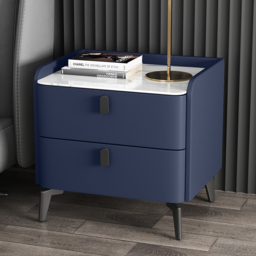 Modern Bedside Table with 2 Drawers Bedroom Bedside Table in Deep Blue, Faux Marble Top - thumbnail 1