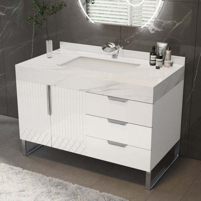 Aro 900mm White Freestanding Ceramics Basin Bathroom Vanity Drawers Faux Marble Top - image 1